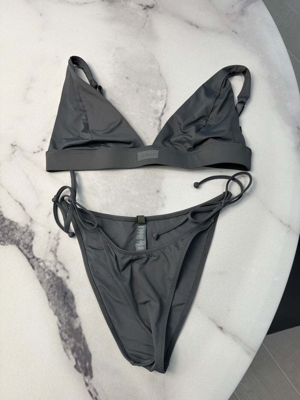 SKIMS Signature Swim Plunge Bikini Top and Tie Bikini Bottom Set in Gunmetal Gre